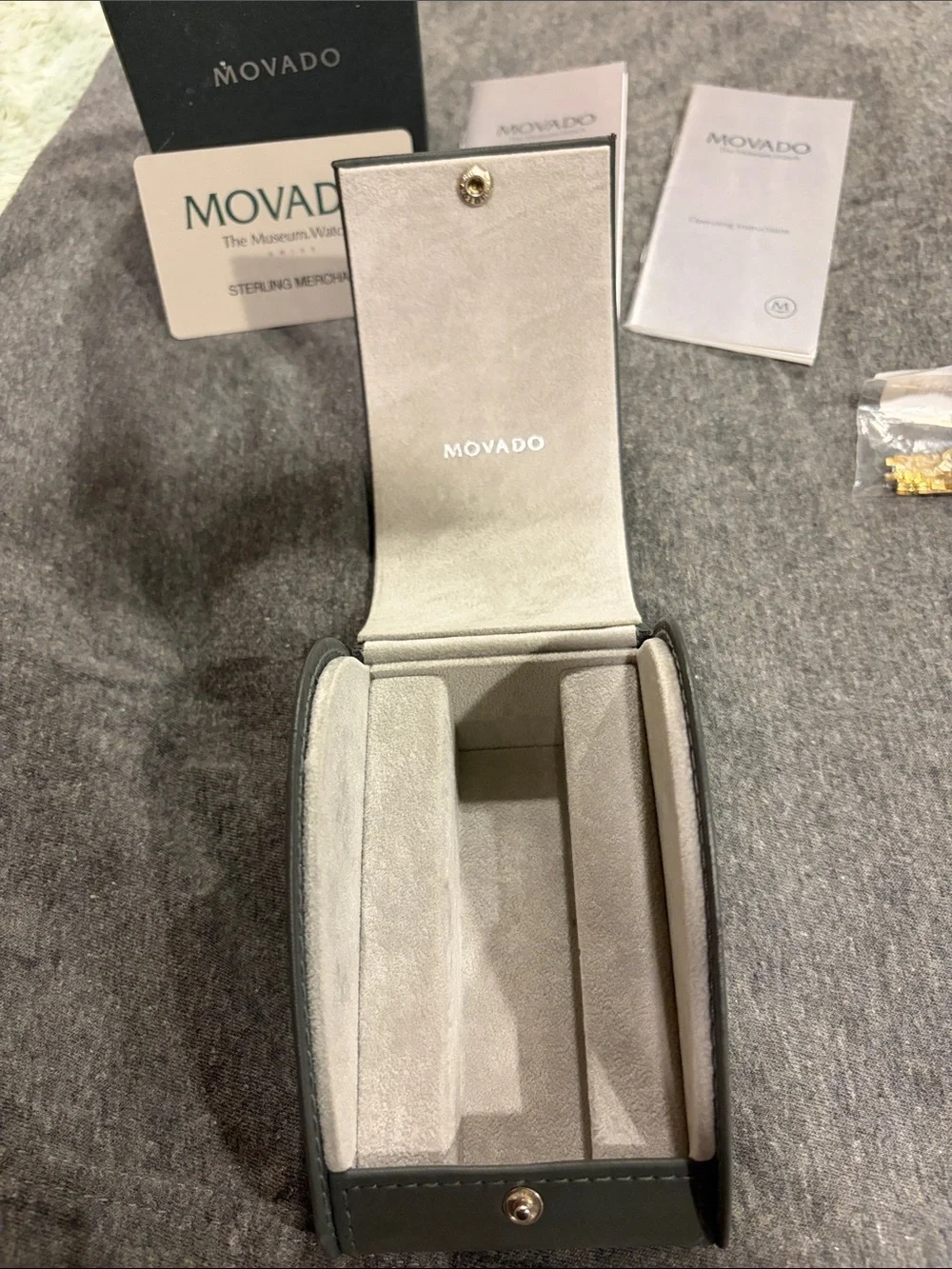 Womens Movado designer watch w grey case & box w logo jewelry watches slim band